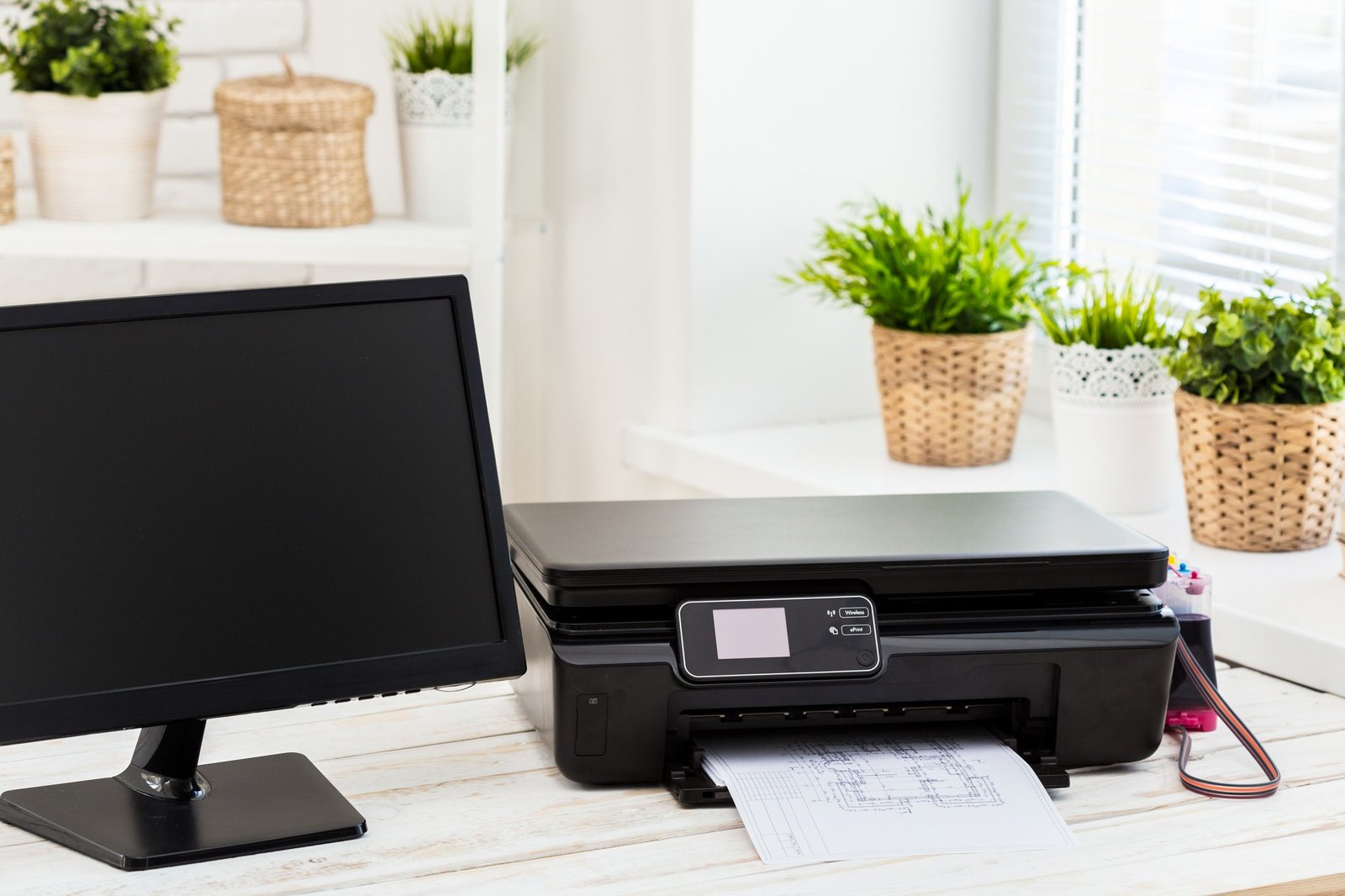 Person sitzt frustriert vor einem Drucker der nicht funktioniert